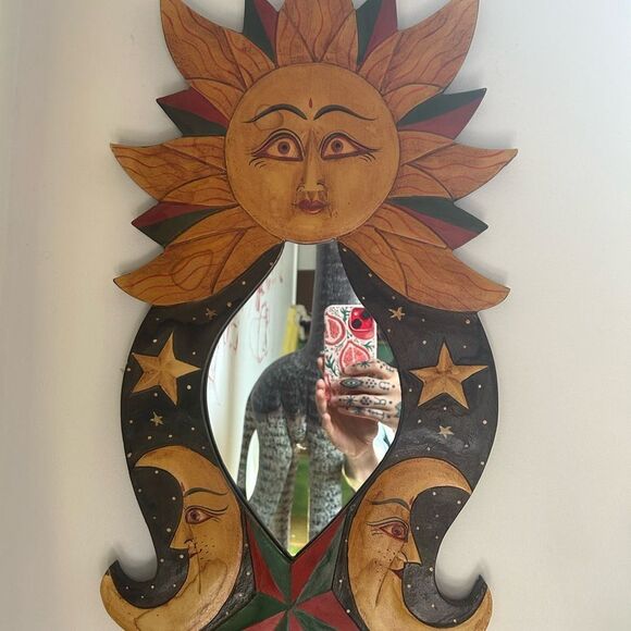 Vintage Sun & Moon Celestial Wooden Mirror with Stars Handpainted 23"X11.5" - Picture 3 of 16